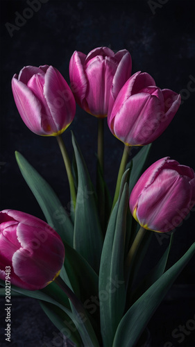 Pink tulips arranged in a bouquet against a dark background