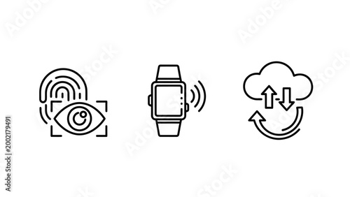 Biometric security smartwatch connectivity cloud data synchronization icons representing modern technology and digital services with cloud computing eye scan wearable technology internet of things