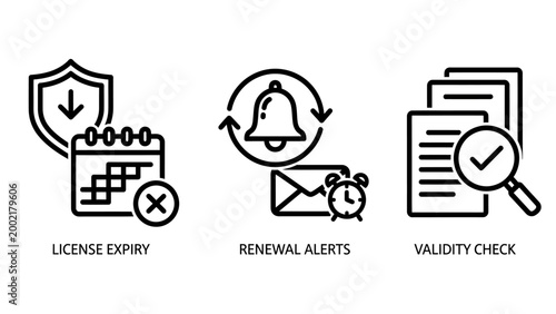 Software license management and validity verification icons with validity calendar document verification security compliance expiration notification contract paperwork magnifying protection