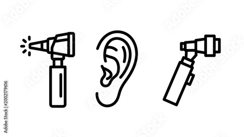 Medical ear examination diagnostic tool icons set with otoscope diagnostic examination instrument healthcare audiology equipment clinical physician medicine biological physical treatment