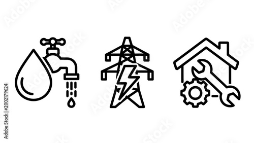 Public utility and home maintenance service icons with maintenance electricity plumbing infrastructure industrial technical resources electric mechanical building management operational