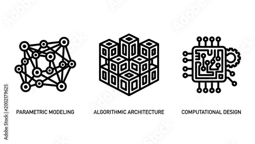 Engineering and design technology concept icons set with parametric modeling architecture computational technology engineering structure innovation development computer software blueprint