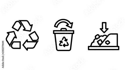 Recycling and waste management icon set with eco friendly recycling environment sustainability landfill disposal pollution management dumpster conservation resource protection awareness
