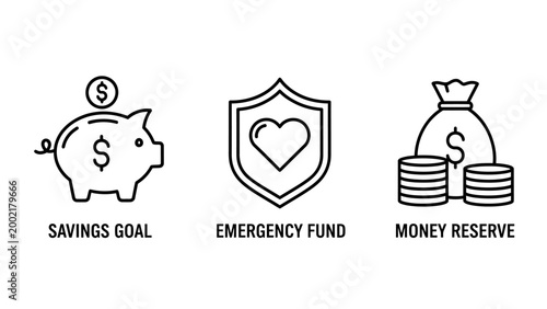 Financial savings and emergency fund icon set with emergency investment security protection insurance planning financial business stability management donation currency