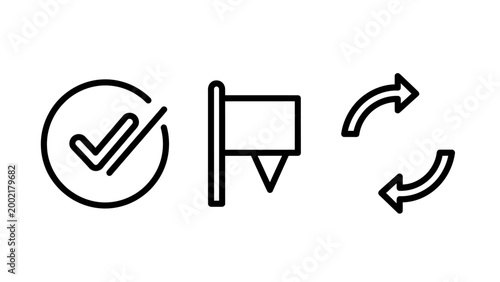 Set of three linear workflow and process icons with workflow checkmark direction complete management business interface collection navigation operations milestone planning strategy