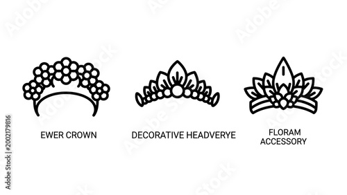 Three different styles of decorative tiara crown and floral accessory headpieces in line art with accessory headpiece decorative princess ornament ceremony illustration isolated decoration