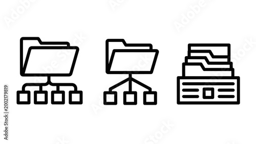 Data management icons featuring file folder directory structure and organized filing cabinet system directory structure management organized interface computer information hierarchy pictogram