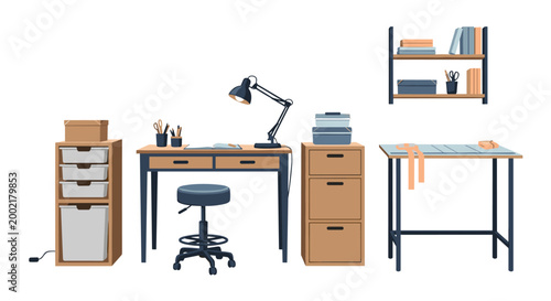 Modern craft room setup, showcasing a functional desk with an ergonomic stool, a bright desk lamp, multiple drawer units for storage, and a separate cutting table.