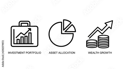 Investment portfolio asset allocation and wealth growth financial business icons with business investment portfolio allocation financial management planning corporate marketing accounting
