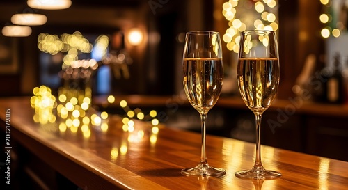 Two glasses of sparkling champagne on a bar counter with glowing bokeh lights in the background