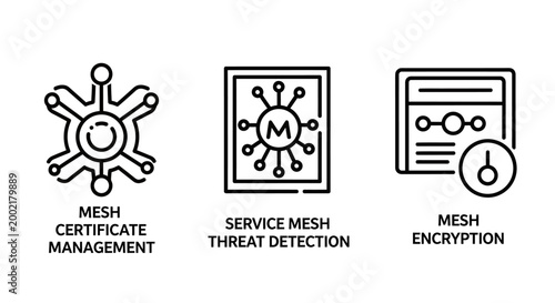 Set of network security icons for service mesh and certificate management with security encryption certificate detection protection infrastructure software computing technology communication