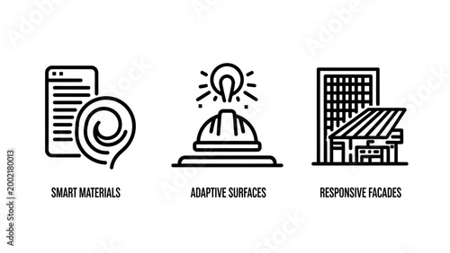 Innovative architecture and smart materials line icons with architecture materials adaptive surfaces responsive construction building technology engineering innovation structure development
