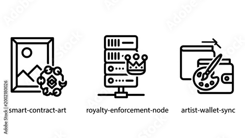 Smart contract and digital asset management line icons with contract enforcement blockchain technology transaction security platform graphics management business investment protected