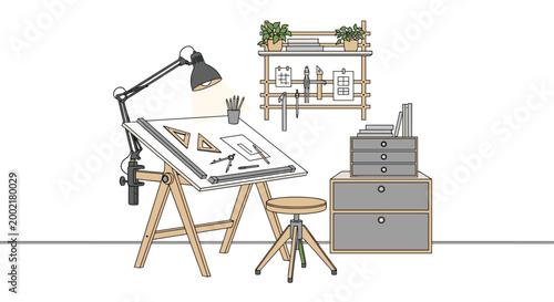 Contemporary drafting and design workspace, featuring an adjustable drafting table, a comfortable stool, a bright desk lamp, a compact drawer unit, and a wall-mounted shelf.