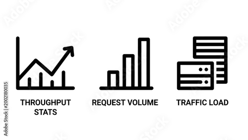Data analytics and network traffic management icons including throughput stats request volume and server load with analytics throughput performance business infrastructure information monitoring