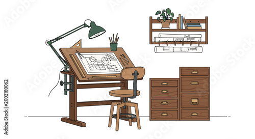 Classic drafting and design studio, featuring a wooden drafting table with chair, an adjustable desk lamp, a rich wooden drawer unit, and a wall shelf for plans.