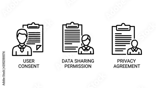 Minimalist line icons depicting user consent data sharing permission privacy agreement documents for legal and compliance design permission agreement document compliance clipboard security
