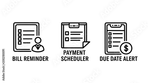 Bill reminder payment scheduler due date alert icons with line art white background reminder scheduler notification financial management planning organization checklist document clipboard