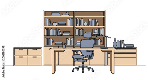 Luxurious executive home office, featuring a grand wooden desk, a high-back ergonomic chair, and extensive built-in bookshelves filled with books and decor.