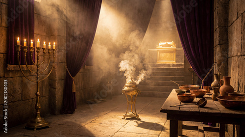 The Ark of the Covenant, a golden Menorah, and smoking incense fill a solemn Biblical Tabernacle interior