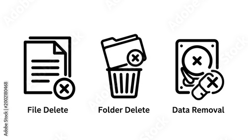 File delete folder delete and data removal digital icons with document computer management trashbin security technology information organization cleaning hardware cancelled interface
