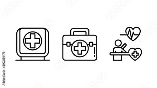 Medical first aid and health icons set with firstaid emergency hospital treatment medicine wellness clinical pharmacy supplies protection equipment professional cardiology heartbeat