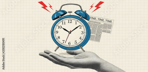 Alarm Clock in Hand with Urgent Time Concept Newspaper and Lightning Symbols for Deadline Reminder Design