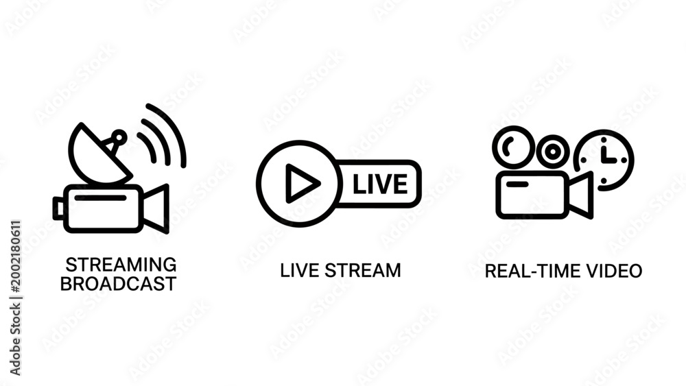 Obraz premium Live streaming and broadcast technology line icons set with streaming broadcast technology internet realtime communication broadcasting production transmission satellite entertainment