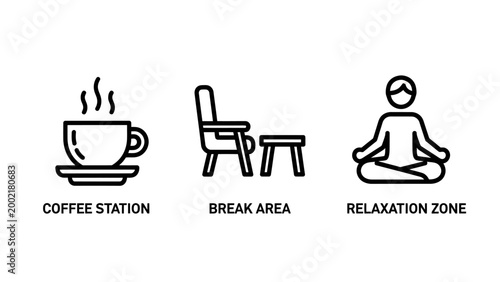 Office break room lifestyle icons featuring a steaming coffee station a cozy seating area a relaxation zone for meditation relaxation meditation lifestyle furniture wellness serenity
