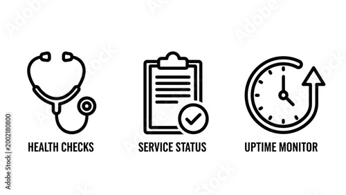 Service status monitoring and health check outline icons with clipboard stethoscope performance verified business analysis technical interface management diagnostic infrastructure software