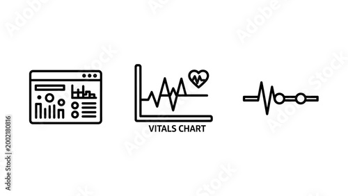 Health dashboard icons featuring vitals chart and medical monitoring pulse data dashboard monitoring analysis hospital clinical biometric information technology software healthcare tracking