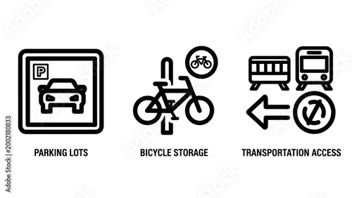 Transportation and infrastructure icons showing parking lots bicycle storage and transit access with transportation infrastructure transport direction location movement mobility planning