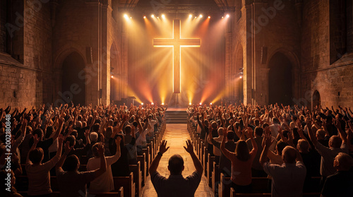 A large congregation raises hands in worship during a church service, illuminated by a glowing cross