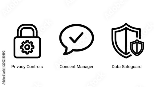 Data security privacy controls and information protection icons set with security protection safeguard management cybersecurity information encryption compliance settings internet technology