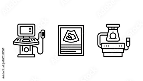 Medical imaging equipment icons: ultrasound machine sonogram report radiology scanner with check up imaging technology medical device imaging system diagnostic tool healthcare provider radiology