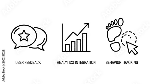 Set of website user behavior and feedback analytics icons with feedback analytics tracking behavior interface marketing statistics footprint business optimization monitoring performance