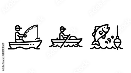 Collection of recreational fishing line icons showing a person fishing boating a hooked fish with a float recreation activity lifestyle vacation equipment wildlife navigation transport