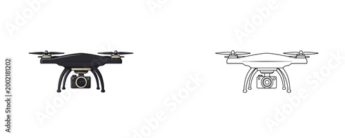 Colored and black outline quadcopter drone illustrations in cartoon and line art styles with black body and propellers for aerial photography on white background