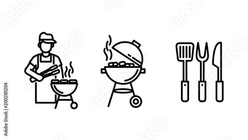 Barbecue cooking icons including chef with grill and kitchen utensils chef hat chef uniform barbecue utensils culinary restaurant equipment charcoal preparation lifestyle profession