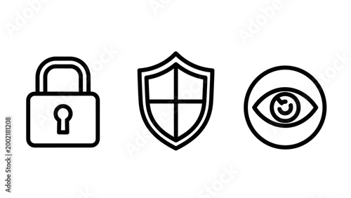 Security protection and surveillance monitoring icons with security protection surveillance monitoring lockdown vigilance password encryption detection technology internet authentication