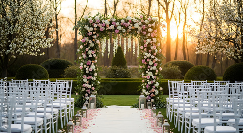Romantic Garden Wedding Arch Sunset Ceremony Elegant Floral Aisle Setup