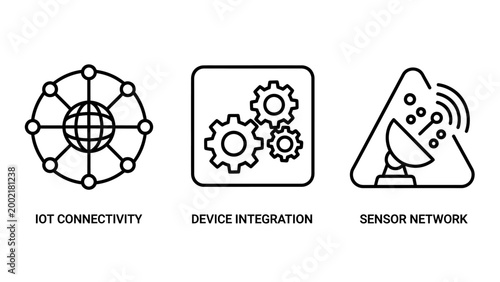 Io t connectivity and device integration network icons set with connectivity integration technology connection wireless automatic industry automation engineering technical internet hardware