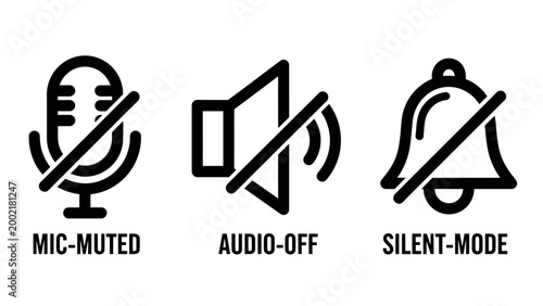 Audio mute and silent mode interface icons for digital devices and communication with microphone notification communication interface settings controls minimalist ringtone recording broadcast