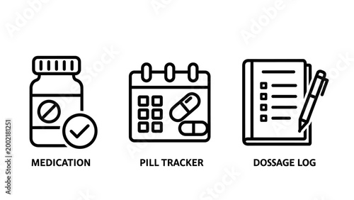 Medical health management icons including medication bottle pills calendar and dosage log with medication calendar pharmacy treatment healthcare schedule prescription wellness clinical