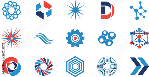 Modern Blue and Red Geometric Tech Logo Icon Set with Abstract Shapes, Gears, and Network Symbols for Business and Brand Identity Designs