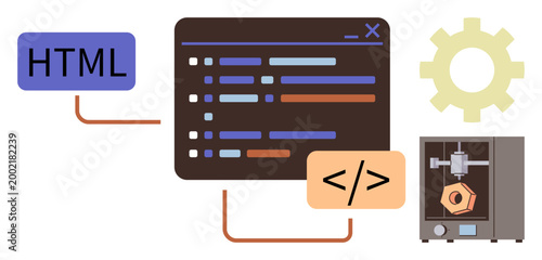 Web development, programming, 3D printing, industrial design, educational tools, and technology concepts. Coding interface connected to HTML and a 3D printer. web development and programming