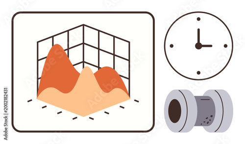 Data analytics, time tracking, scheduling, industrial processes, efficiency workflow. A 3D graph clock and pipe . Data analytics and time tracking. Line metaphor. Simple line icons