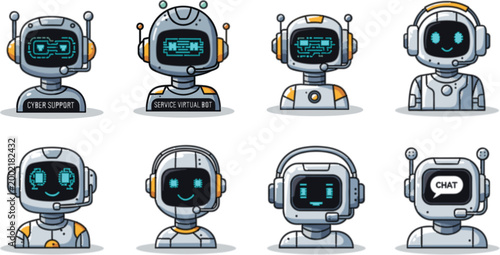 Cute Cartoon Robot Chatbot Character Set with Smiling AI Assistant Faces and Headphones Vector Illustration