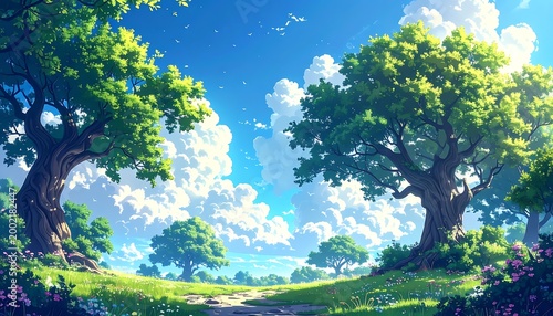 Lush meadow with large trees, sunny skies & fluffy clouds in anime style with light shining through tree leaves