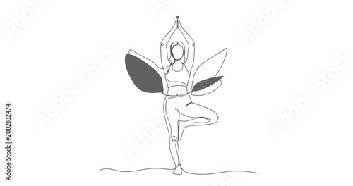 Minimal One Line Yoga Tree Pose Continuous Line Art Wellness Illustration